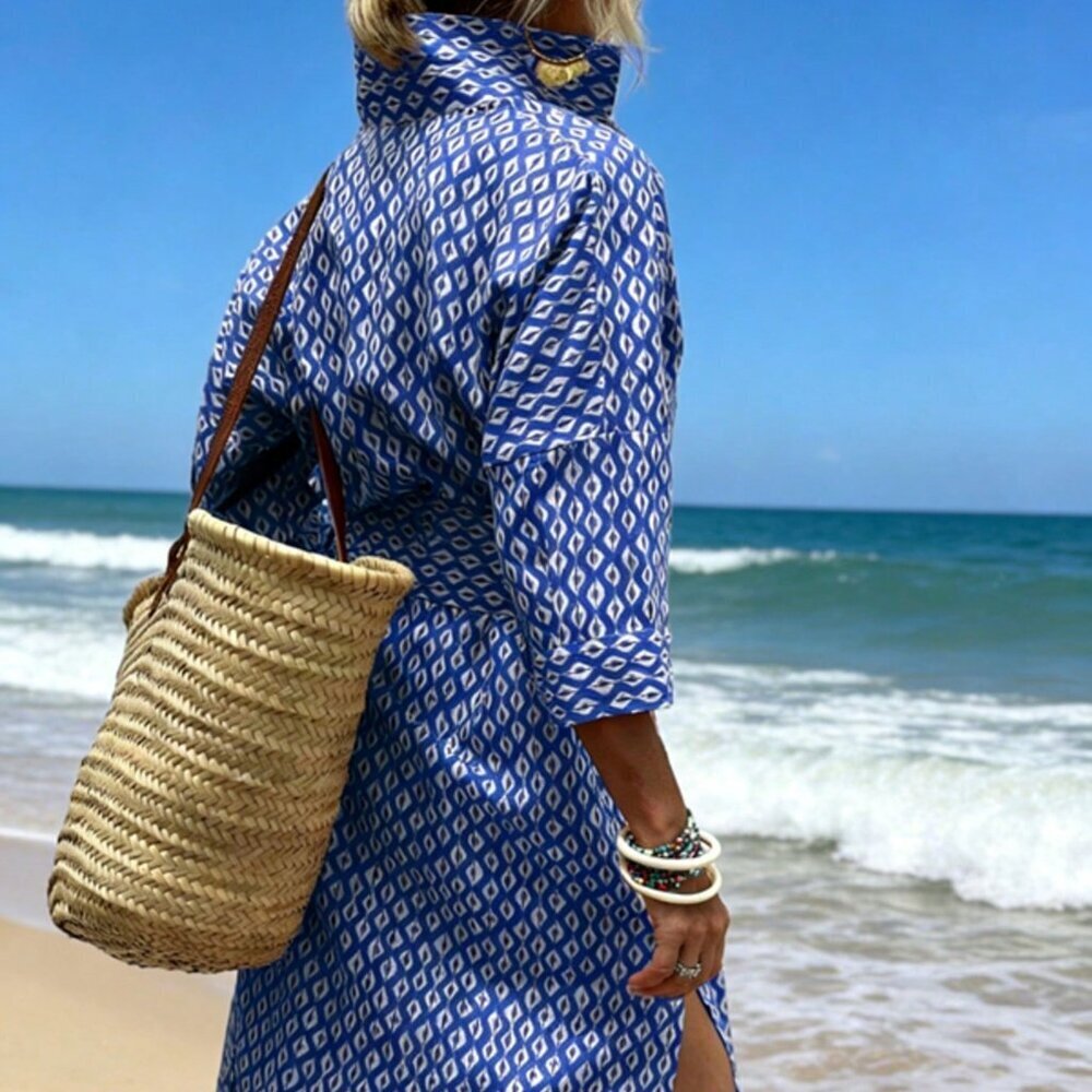 Blue Casual Women's Hem Short Sleeve Shirt Drop Shoulder Dress - Picture 6 of 6